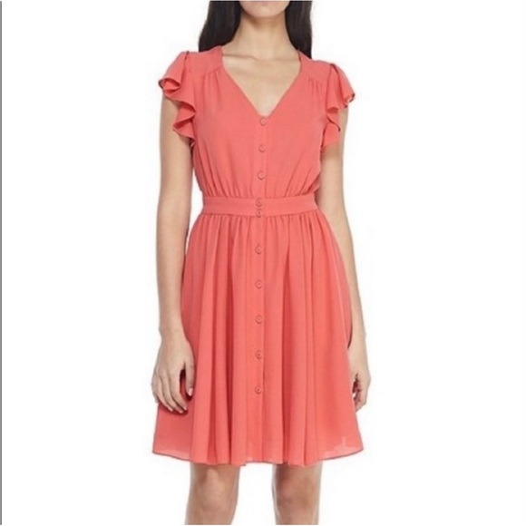 Gal Meets Glam Dresses & Skirts - Gal Meets Glam Coral Front Button Flutter Sleeve Dress Size 6 V-neck Event Party